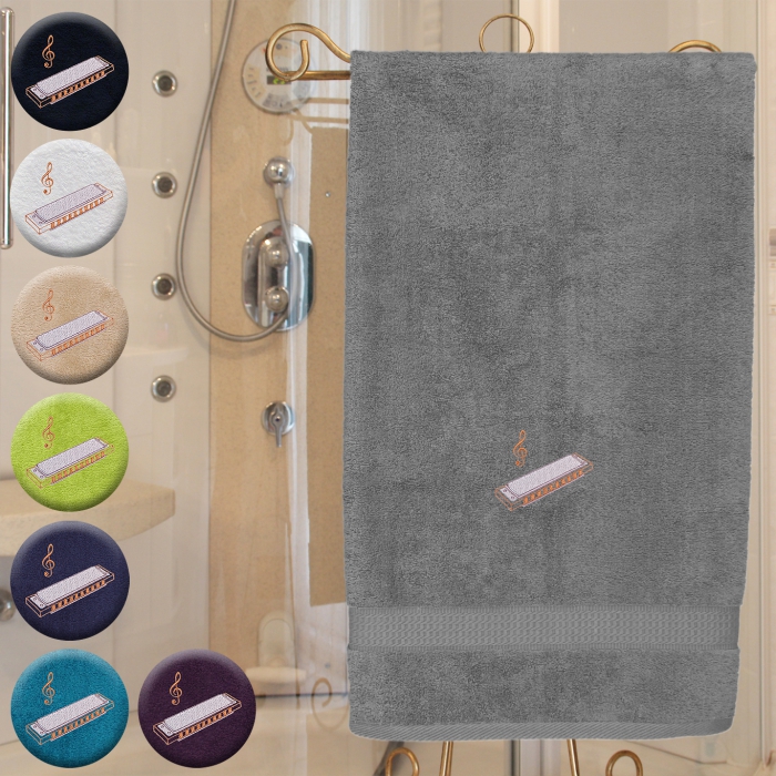 Mundharmonika - Handtuch, mehrere Farben und Größen, mit Mundharmonika und Violinschlüssel bestickt