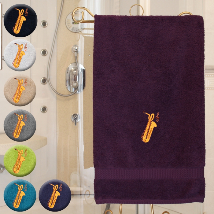 Baritonsaxophon - Handtuch, farbig in verschiedenen Größen, mit Baritonsaxophon und Notenschlüssel bestickt