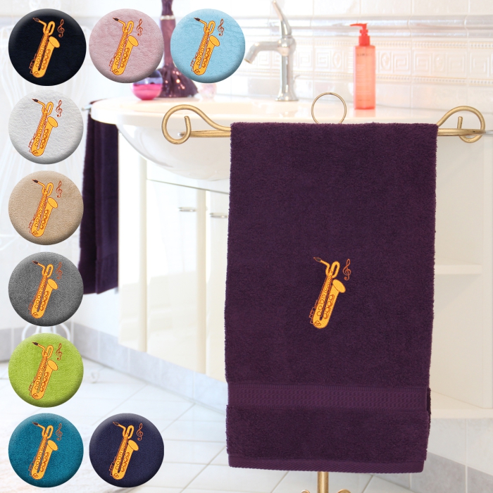 Baritonsaxophon - Handtuch, farbig in verschiedenen Größen, mit Baritonsaxophon und Notenschlüssel bestickt