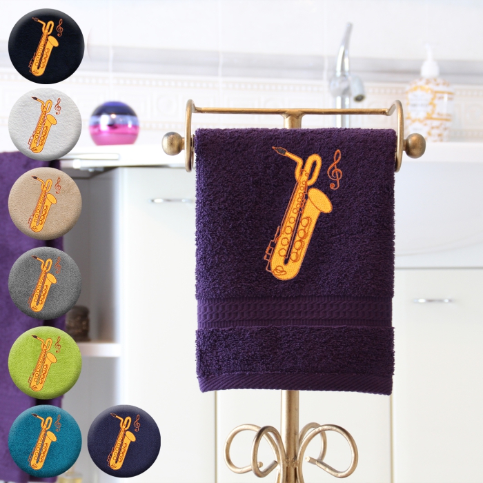 Baritonsaxophon - Handtuch, farbig in verschiedenen Größen, mit Baritonsaxophon und Notenschlüssel bestickt