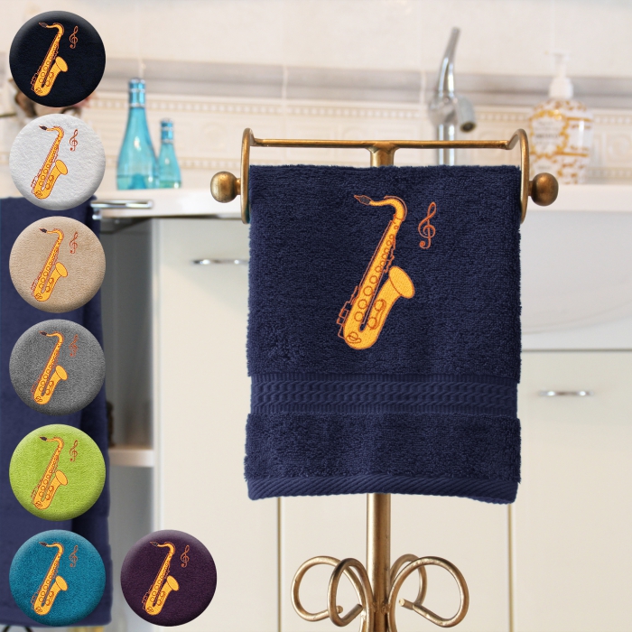 Tenorsaxophon - Handtuch, farbig in verschiedenen Größen, mit Tenorsaxophon und Notenschlüssel bestickt
