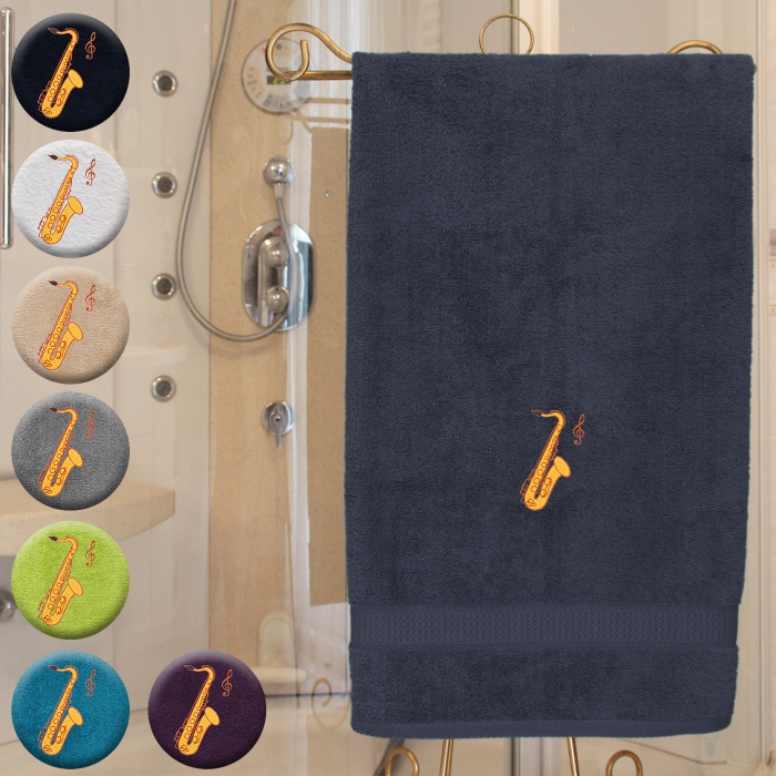 Tenorsaxophon - Handtuch, farbig in verschiedenen Größen, mit Tenorsaxophon und Notenschlüssel bestickt