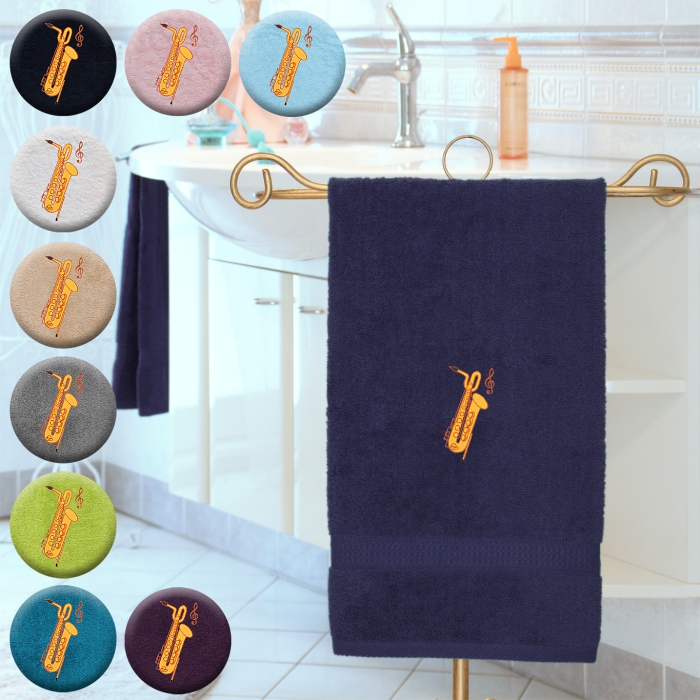 Basssaxophon - Handtuch, farbig in verschiedenen Größen, mit Basssaxophon und Notenschlüssel bestickt