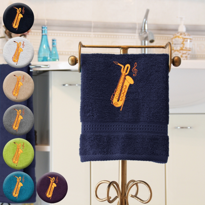 Basssaxophon - Handtuch, farbig in verschiedenen Größen, mit Basssaxophon und Notenschlüssel bestickt