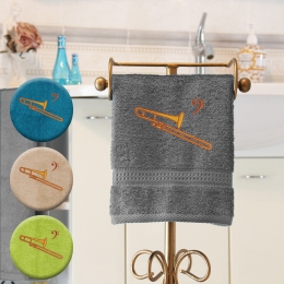 Posaune - Handtuch, farbig in verschiedenen Größen mit Posaune und Notenschlüssel bestickt