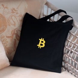 Baumwolltasche schwarz, mit goldenen Bitcoin bestickt