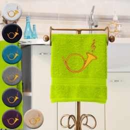 Jagdhorn - Handtuch, mehrere Farben und Größen, Jagdhorn mit Notenschlüssel bestickt